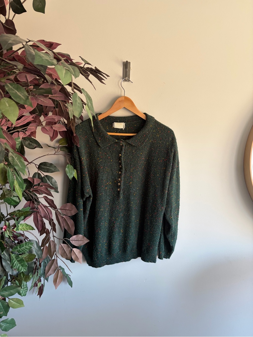 Avenue Dark Green Tweed Button-Up Polo Sweater